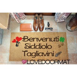 Custom indoor doormat - Cat Hearts Four Leaf Clover Names - in natural coconut cm. 100x50x2 LOVEDOORMAT Registered Trademark Handmade in Italy