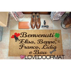 Custom indoor doormat - Dog Hearts Four Leaf Clover Names - in natural coconut cm. 100x50x2 LOVEDOORMAT Registered Trademark Handmade in Italy