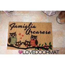 Custom indoor doormat - Owls family - in natural coconut cm. 100x50x2 LOVEDOORMAT Registered Trademark Handmade in Italy